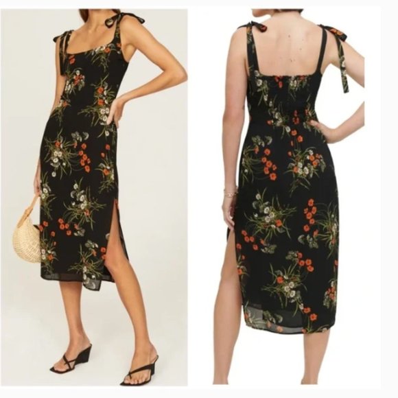 REFORMATION BESSIE FLORAL ROBYN TIE STRAPS BLACK MIDI DRESS sz 2 - Picture 1 of 6